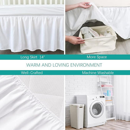 Crib Bed Skirt 28” x 52” with 14” Drop Pleated Dust Ruffle for Baby Boys Girls Elastic Adjustable Fit Toddler Bedskirt Easy On/Off Soft Nursery Standard Crib Bedding Skirts Solid White Crib Skirt