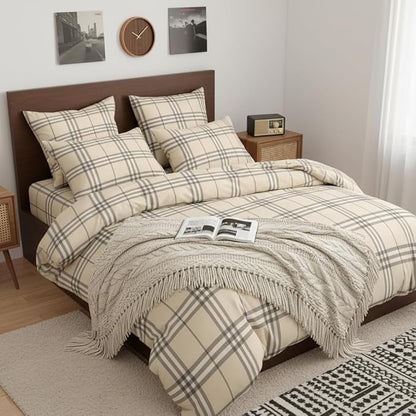 Nayoroom Plaid Duvet Cover Queen Size Vintage Tan Cream Gingham Checkered Duvet Cover Dorm Bedding Set 3 Pieces Soft Lightweight Microfiber Farmhouse Bedding Set Gifts for Women Men