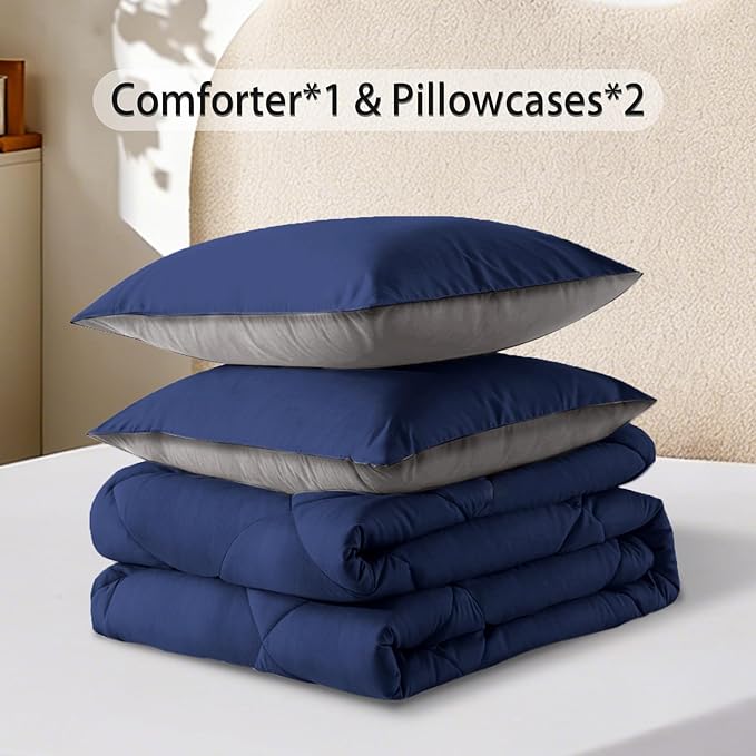 3-Piece King Comforter Set,All-Season,Soft & Hypoallergenic &Breathable Bedding,Polyester Quilted,Down Alternative(Comforter*1 & Pillowcases*2),Dark Gray/Dark Blue