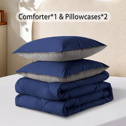 3-Piece Full Comforter Set,All-Season,Soft & Hypoallergenic &Breathable Bedding,Polyester Quilted,Down Alternative(Comforter*1 & Pillowcases*2),Dark Gray/Dark Blue