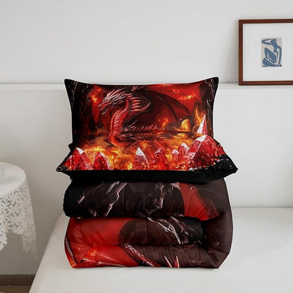 Castle Fairy Dragon Comforter Set Toddler Size,Glowing Flame Dragon Bedding Set for Kids Teens Bedroom,Western Fierce Animals Down Comforter,2 Pcs 1 Pillowcase