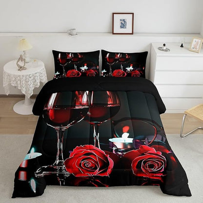Erosebridal 3D Rose Wine Glass Bedding Sets King Girls Romantic Eiffel Tower Comforter Women Floral Fruit Quilt Red Black Flower Bedding Quilted Soft Microfiber Down Comforter with 2 Pillowcases,Gray