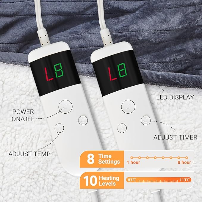 Electric Heated Blanket Queen Size 84''x90'' Soft Flannel & Sherpa Electric Blanket with 10 Heating Levels, Automatically Shut Down After 8h with Overheat Protection Machine Washable