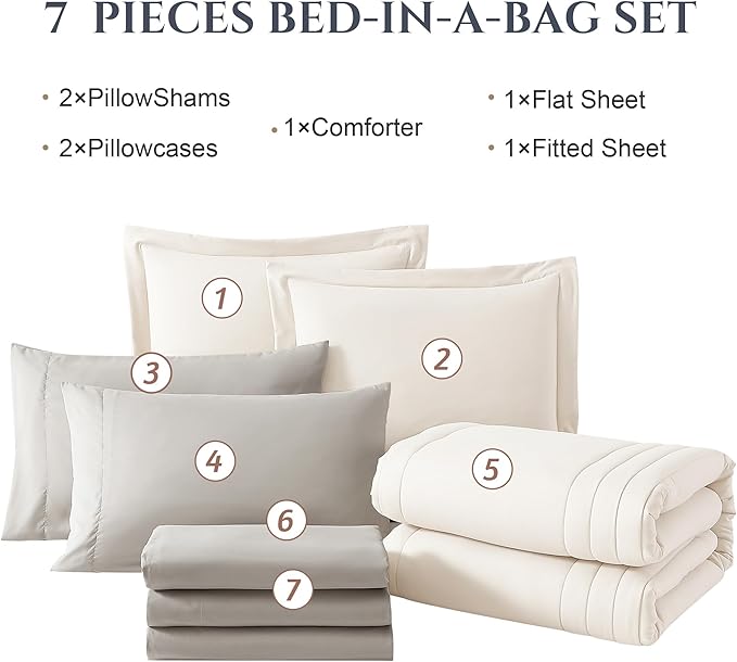 Monbix King Size Comforter Set - 7 Pieces Bed in a Bag King, Snow White Bedding Sets with Comforter, All Seasons Comforter Bed Set with Sheets, Pillowcases & Shams
