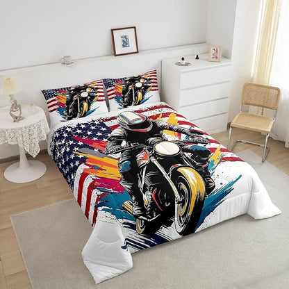Feelyou Dirt Bike Comforter Set Queen Size American Flag Comforter Extreme Sports Bedding Set Racing Motocross Rider Duvet Set Room Decor White Quilt Set