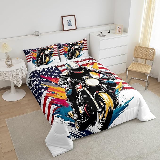 Feelyou Dirt Bike Comforter Set Full Size American Flag Comforter Extreme Sports Bedding Set Racing Motocross Rider Duvet Set Room Decor White Quilt Set