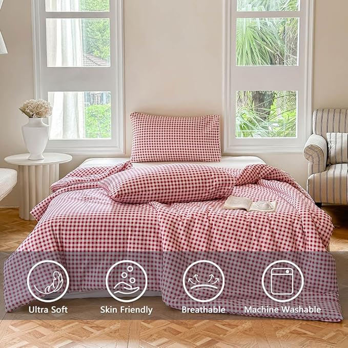 NSNLGSGC Red Gingham Cotton Comforter Set Queen, 100% Washed Cotton Plaid Checked Comforter Bedding, 3 Pieces Vintage Farmhouse Grid Bedding Set(Red Gingham, Queen)