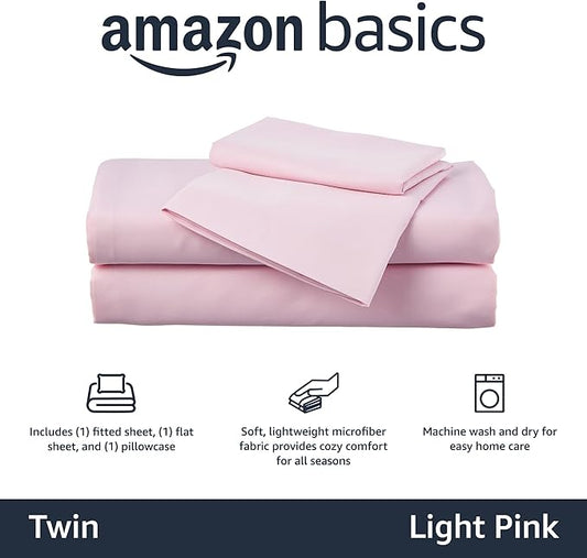 Amazon Basics Kid's Soft, Breathable, Easy-Wash Microfiber 3-Piece Sheet Set, Machine Washable, Twin, Light Pink, Solid