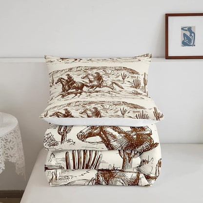 Erosebridal Western Comforter Set Queen Size Cowboy Bedding Set American Wild West Desert Hand Drawn Illustration Down Comforter Country Theme Bedroom Decor Duvet Set for Boys Men Teens