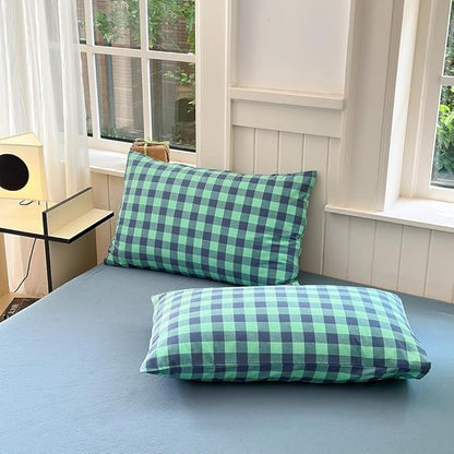 FACE TWO FACE Bedding Duvet Cover Set100% Washed Cotton Duvet Cover Linen Like Textured Breathable Durable Soft Comfy (King, Blue Green Grid)