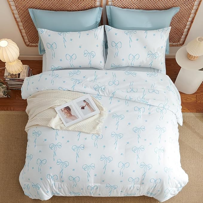 Comforter Set Full Size White - Blue Bow Quilt Bedding Set 3 Pieces, Comforter Set Full, Soft Lightweight Comforter(79‘’ x 90‘’) for Girl All Season & 2 Pillow Cases(30‘’x20‘’)