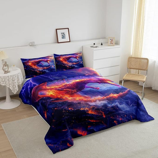 Fire Dragon Comforter Set Queen Size,Galaxy Starry Sky Flame Dragon Bedding Set,Kids Girls Boys Teens Bedroom Decor,Western Magical Style Quilt Set Lightning Wild Animals Duvet Insert,2 Pillowcases