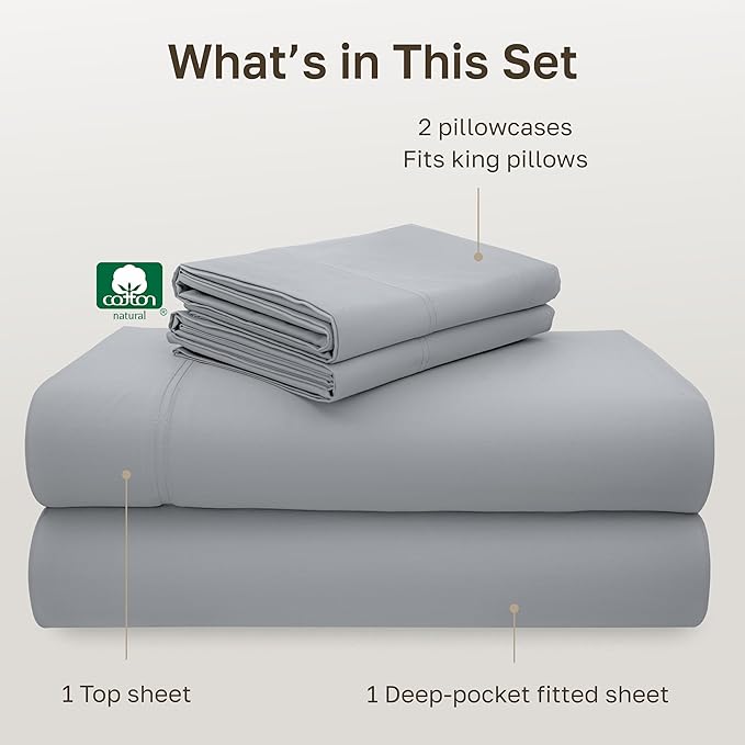 California Design Den California King Sheet Set - 100% Cotton, 600 Thread Count Deep Pocket Cal King Sheet Set, Luxury Hotel-Quality, Soft Sateen Weave - Light Grey