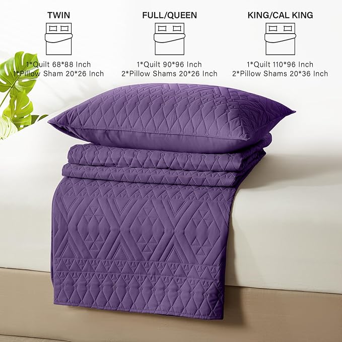 akkialla Full/Queen Quilt Set, Purple Lightweight Microfiber Bedspread Coverlet, Boho Geometric Pattern, Soft All-Season Bedding, 3-Piece (1 Quilt, 2 Pillow Shams) | Breathable fabric, Modern style