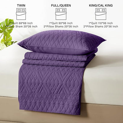 akkialla Full/Queen Quilt Set, Purple Lightweight Microfiber Bedspread Coverlet, Boho Geometric Pattern, Soft All-Season Bedding, 3-Piece (1 Quilt, 2 Pillow Shams) | Breathable fabric, Modern style