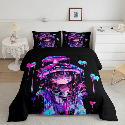 Erosebridal Mushroom Girl Comforter Set for Kids Boys Girls 3D Japanese Girly Bedding Watercolor Graffiti Duvet Set Cute Anime Gifts Comforter King with 2 Pillowcases