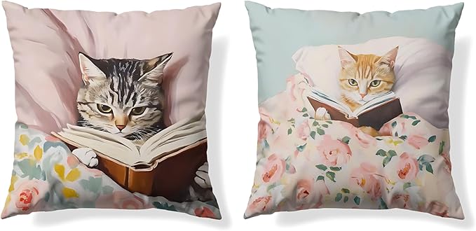 Funny Cat Reader Book Pillow Cover 18 x 18 Set of 2, Reading Nook Corner Decor, Gifts for Book Lovers, Preppy Floral Black Orange Tabby Tuxedo Cats Bookish Pillowcase（01）