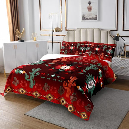 Geometric Aztec Bedspread Queen Size,Western Cowboy Cactus Horseshoe Rustic Coverlet Set,Boys Girls Room Decor,Southwest Tribal Cabin Quilted Coverlet,Farmhouse Retro Bedding Quilt,2 Pillowcases