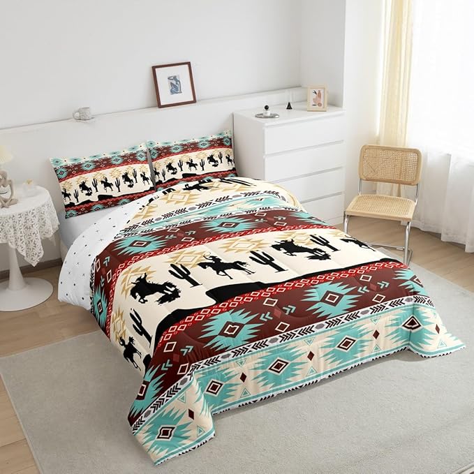 Feelyou Boho Comforter Set Queen Size Horses Comforter Southwestern Native Aztec Bedding Set Farmhouse Wildlife Duvet Set Room Decor Beige Blue Quilt Set