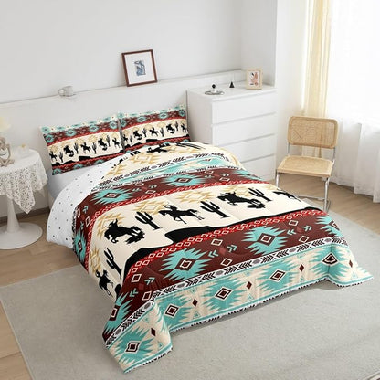 Feelyou Boho Comforter Set Queen Size Horses Comforter Southwestern Native Aztec Bedding Set Farmhouse Wildlife Duvet Set Room Decor Beige Blue Quilt Set