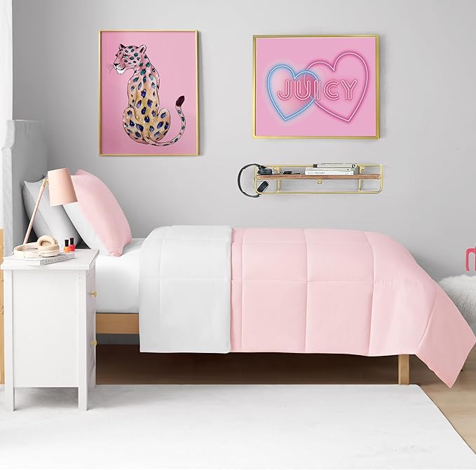Juicy Couture Reversible Box Stitch Comforter Set, 3-Piece King – Pink Marshmallow/White – Glam Bedding Set