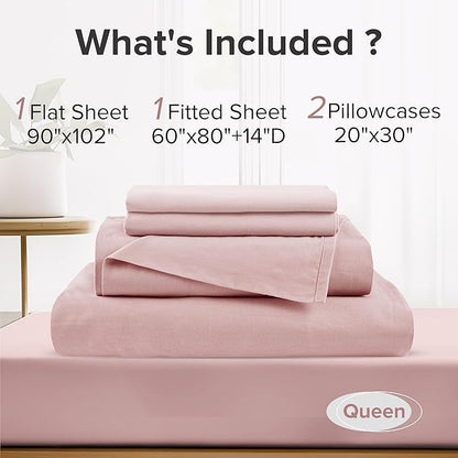 Comfort Spaces 100% Cotton Sheets Queen, Breathable & Ultra Soft Cotton Sheets, Naturally Cool Cotton Bed Sheets with 14" Elastic Pocket Fits up to 16" Mattress, All Seasons Sheet Set, Pink 4 Piece