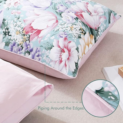 WINLIFE 100% Cotton Pillowcases Garden Floral Printed Pillow Cases Set of 2 Aqua Yellow Lavender Purple Flowers Print Pillow Cover (Standard 20 x 26'', Purple Fowers)