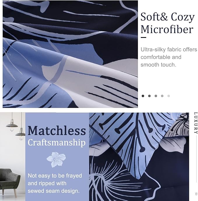 Menghomeus California King Comforter Set Navy Blue Floral Bedding Comforter Sets - Soft Microfiber Bed Set for All Season 3 Piece Botanical Flowers Comforter, Pillowcases