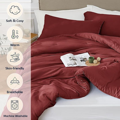 King Comforter Set Dark Red,3PCS Soft Lightweight Breathable Bedding Comforter for All Season, King Size(104''×90'' Comforter & 2 Pillowcases)