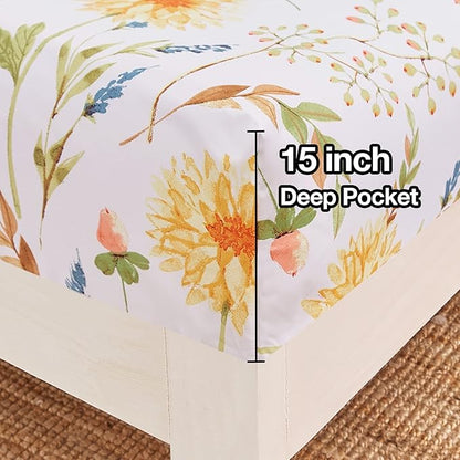 JSD Yellow Floral Printed Sheet Set King Size, 4 Piece Soft Botanical Microfiber Bedding Sheets Extra Deep Pocket
