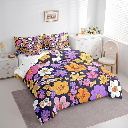Castle Fairy Watercolor Flowers 7 Pieces Bedding Set King Bed in a Bag,Groovy Daisy 70s 80s Hippie Style Comforter Set,Purple Orange Flowers Rustic Style Soft Warm Microfiber Bedding