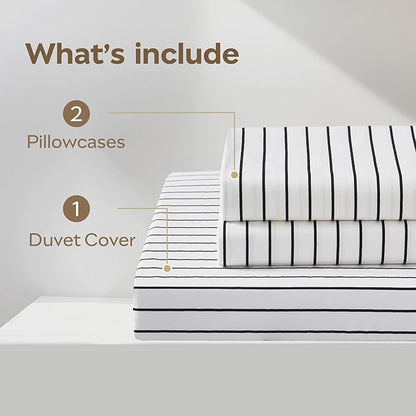 JELLYMONI 100% Natural Cotton 3pcs Striped Duvet Cover Sets, White Duvet Cover with Thin Black Stripes Pattern Printed Comforter Cover, with Zipper Closure & Corner Ties(Queen Size)
