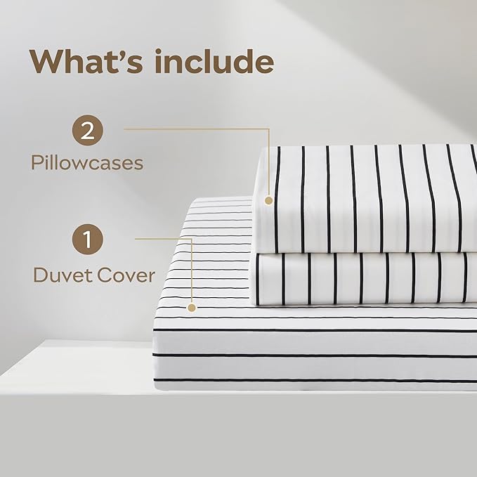 JELLYMONI 100% Natural Cotton 3pcs Striped Duvet Cover Sets, White Duvet Cover with Thin Black Stripes Pattern Printed Comforter Cover, with Zipper Closure & Corner Ties(King Size)