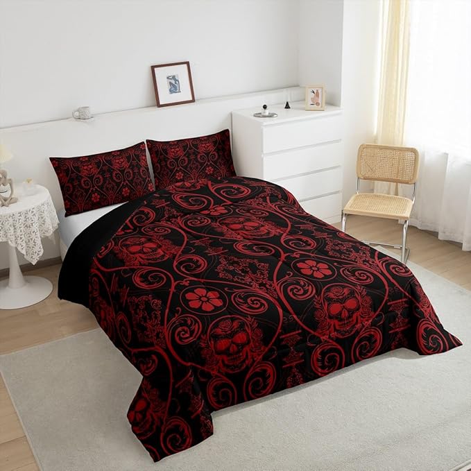 Feelyou Adults Red Vintage Damask Floral Comforter Set Oriental Antique Comforter King Size Exotic Sugar Skull Rose Bedding Set Gothic Bohemia Boho Duvet Set Quilt Set 3Pcs