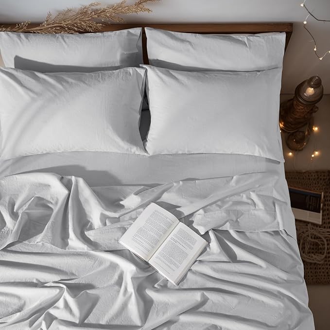 LBRO2M 100% Pure Linen Sheet Set Deep Pocket Up to 16" Bed Sheets Sets, Natural Flax Beddings Soft, Breathable, Comfortable for All Seasons 6 Pcs Sheet Set Full Size, Grey
