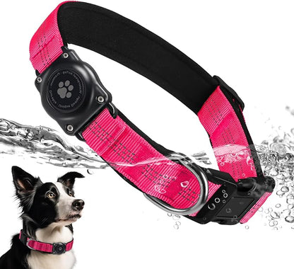 Upgrade Dog Collar with AirTag Holder, IP68 Waterproof, Hot Pink, S | Built-in Water Resistant AirTag holder, 1000D Nylon, Reflective Stitching for Night Visibility, Soft padding for Comfort