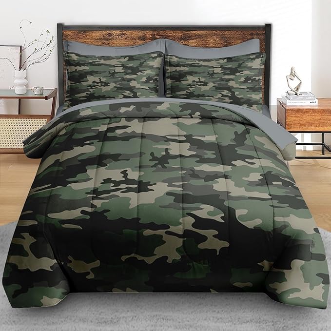 Comforter Set Queen Size, Camo Army Camouflage 7 Pcs Bedding for Kids and Adults, Military Bed Sheet Sets with Fitted Sheet 2 Pillowcase & 2 Sham for Bedroom Bed Decor