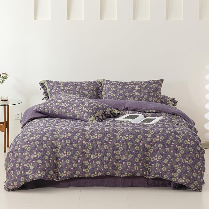 VM VOUGEMARKET Violet Duvet Cover King Double Gauze Cotton Farmhouse Jacquard Green Floral Duvet Cover with 2 Bowknot Pillowcases Rustic Style, Breathable for a Cozy Home Atmosphere