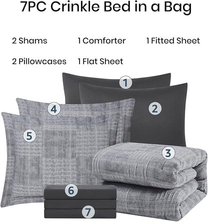 MaiRêve Charcoal Grey Oversized Queen Comforter Set, Textured Design Crinkle Bed in A Bag, 7 Pieces Bedding Set with Comforter, Sheets, Pillowcases & Shams 98"x 98"