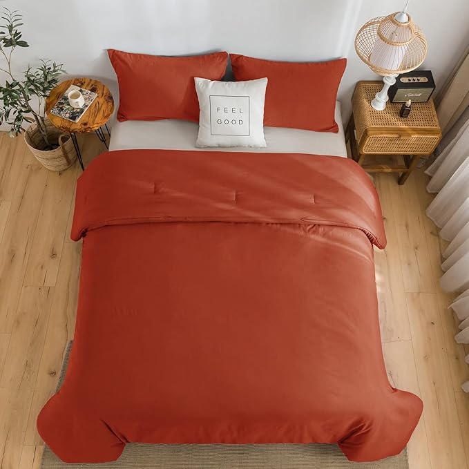 COTTEBED Orange Queen Comforter Sets Clearance Prime, Soft Washed Cotton Lightweight All Season Full Sized Bedding Down Alternative Conforters Pillowshams Men Women(Pumpkin Bright Orange,Queen/Full)