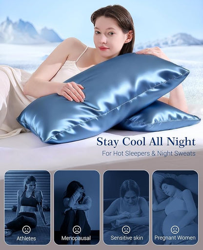 Elegear Cooling Pillow Cases for Hot Sleepers, Upgraded Arc-Chill Cooling Satin Pillowcase Q-max>0.5, Soft Silky Satin Pillowcase for Hair & Skin, Luxury Zipper Pillowcase Cover Set of 2-King,Blue