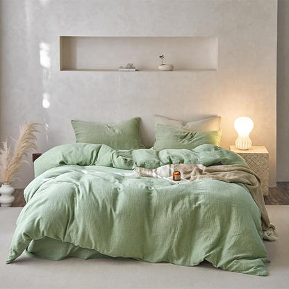 VM VOUGEMARKET Green Duvet Cover Queen Size-Ultra-Soft, Breathable & Lightweight Muslin Cotton Linen Like Gauze Textured Comforter Cover with Zipper Closure Minimalist Bedding Set- 90"x90",Mint Green