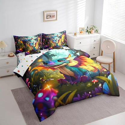 Cartoon Dragon Bed in a Bag Comforter Set,Western Magical Animal King Size 7 Pieces for Kids,Cute Jungle Mushroom Botanical Bedding Set with Comforter, Sheet Set, Pillowcases, Pillow Covers