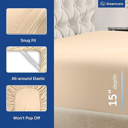 DREAMCARE Queen Sheet Set – 6 pcs Cooling Bed Sheets – up to 15” Deep Sheets Queen Size Bed Set – 2500 Supreme Collection – Extra Soft 100% Brushed Microfiber Hotel Luxury with Side Pocket, Wheat
