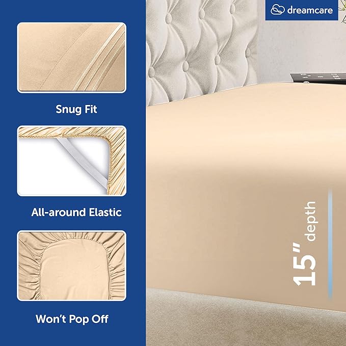 DREAMCARE King Size Sheets Set - Cooling Bed Sheets - 4pcs Set - up to 15" Deep Pocket King Sheet Set – Soft & Long Lasting Cooling - 100% Fine Brushed Polyester with Side Pocket, Wheat