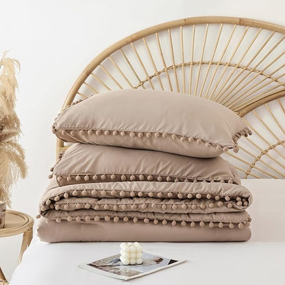 YIRDDEO King Size Comforter Set - King Size Comforter with Ball Pom Fringe, Soft King Bedding Set for All Seasons - 3 Pieces, 1 Comforter (104"x90"inches) & 2 Pillow Shams(20"x36"), Taupe
