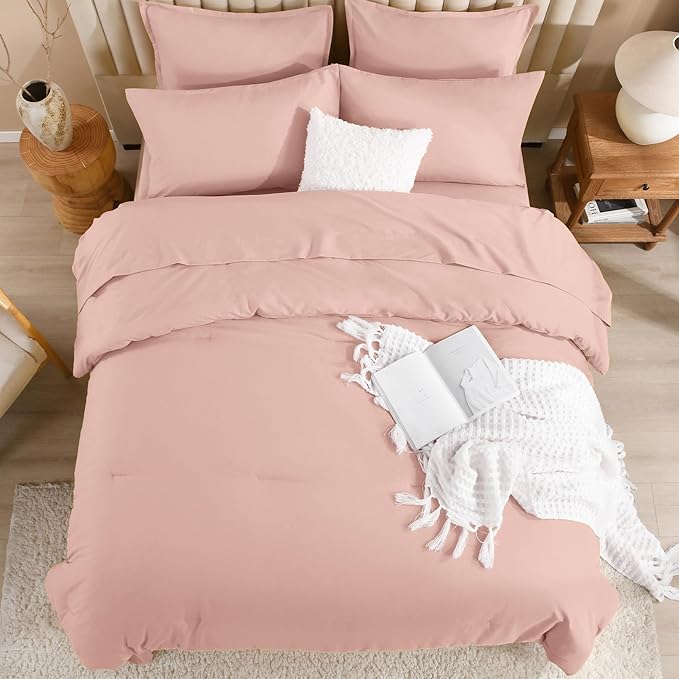Litanika Comforter California King Size Set Blush Pink - 7 Pieces Bed in a Bag California King Bedding Comforter Sets, Plain Lightweight Bed Set with Comforter, Sheets, Pillowcases & Shams