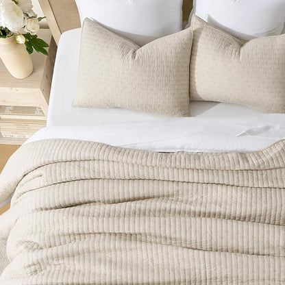 EVERGRACEHOME Cross Stitch Pre-Washed Cotton Quilt Bedding Set King Size, Oversized 3 Pieces Lightweight Bedspread Coverlet for All Season, with 2 Matching Shams, Flax Beige,118"x106"