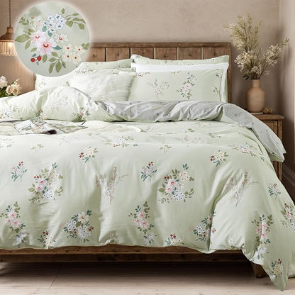 FADFAY Floral Duvet Cover Set Queen 100% Cotton Sage Green Comforter Set Coquette Bedding Girls Vintage Flower Pattern Farmhouse Bedding for All Season Soft Set with 2 Pillowcases, Queen