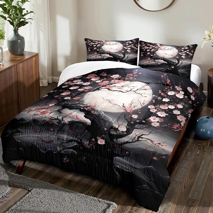 Japanese Style Cherry Blossom Comforter Set Queen Pink Cherry Blossoms Bedding Black Floral Bedding Set 3Pcs Oriental Comforter Asian Art Decorative Bedding Comforter Set for All Season